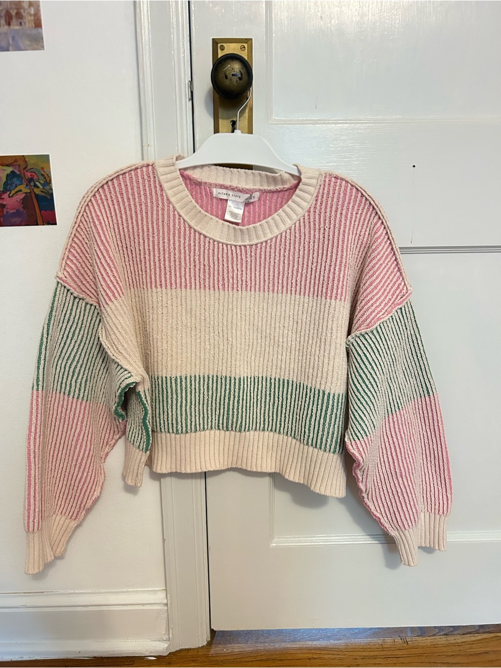 Altar'd State Pink, Cream & Green Striped Cropped Sweater - Picture 1 of 4